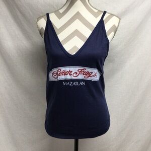 Bambu Womens Navy Mazatlan Senor Frog’s Logo V-Neck Tank Top, Sz 36 VTG